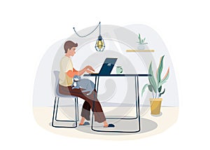 Work at home concept design. Freelancer man working on laptop at his house and keep cat pet on his knees. Vector