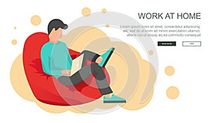 Work at home concept. Freelance worker sitting on lazy bag with lap top. Workplace concept. Flat vector