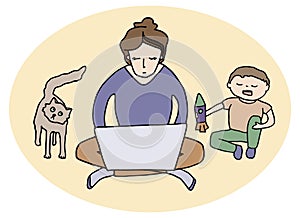 Work from home concept. Mother with laptop trying to work with noisy child and cat at home. Hand drawn colored vector