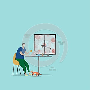 Work from home concept. people sitting near window, remote working from home via laptop, prevent from coronavirus pathogens photo