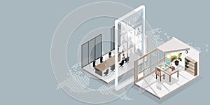 Work from home concept is presented in isometric style of home office and smarthphone with video conference application and office