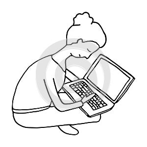 Work from home concept. Sitting woman with laptop. Hand drawn doodle vector illustration. Black contour isolated on white. Writer