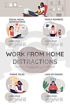 Work from home distractions flat color vector infographic template