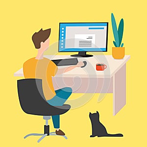 Work at home freelancer young man working on computer. Vector illustration