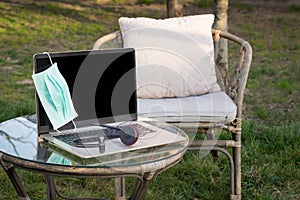 Work from home, in the garden, on the laptop with a helmet