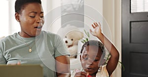 Work from home, high five and mother with african child for productivity, support and education achievement with laptop