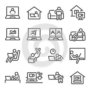 Work from home icon set vector illustration. Contains such icon as conference call, video call, online meeting, working space, fre