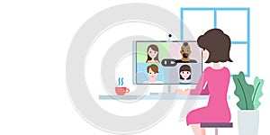 Work from home illustration, video call group conference online communication.