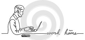 Work from home lettering. Man with laptop vector banner
