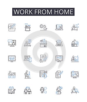 Work from home line icons collection. Remote office, Telecommute option, Distant workspace, Virtual desk, Online