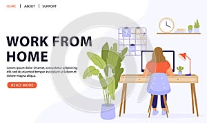 Work at home or office work concept design. Freelance woman sitting at table workplace and working on computer.