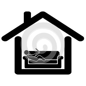 Work from home. Pictogram depicting man working from home relax laying on sofa couch using laptop computer. Black and white eps