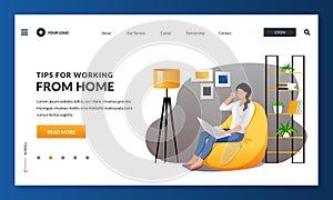 Work at home, remote work, freelance concept. Woman or freelancer sitting on armchair using laptop. Vector illustration