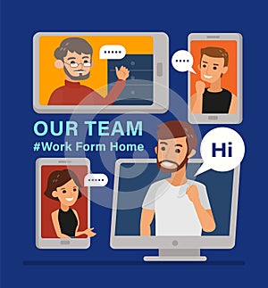 Work from home. Remote working with a business team meeting held via a video conference call. Flat design style illustration.
