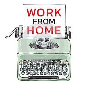 Work from home for screen t-shirt Mint green vintage  typewriter portable retro with paper  hand drawn vector art illustration