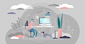 Work from home vector illustration. Distance workplace tiny persons concept