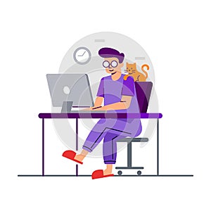 Work from home vector illustration. Modern colorful flat Illustration design of a man working online with a cat on his shoulder.
