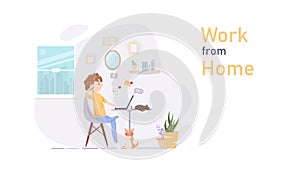 Work at home vector, worker man with pets in quarantine, people activity cartoon character flat design, home interior design idea