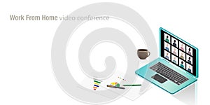 Work from home video conference concept performed by an isometric laptop with a telephony application Online meetings