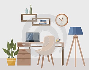 Work at home. Workplace, modern interior, office. Office with ?omputer, home flower, clock, lamp.