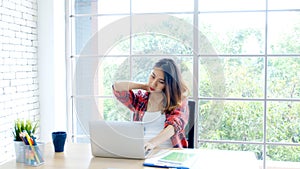 Work from home, Young asian woman struggle with laptop computer, Frustrated asia girl looking at laptop while studying online