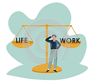 Work life balance as career or family relationship scales tiny person concept. Choose between