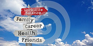 Work-life balance concept - family, career, health, friends - wooden signpost with five arrows