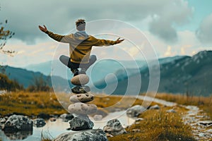 Work-life balance concept Man Sitting on Top of a Pile of Rocks. Generative AI