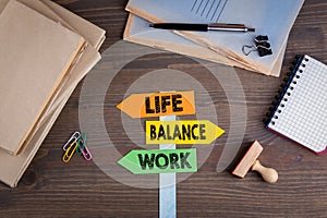 Work Life Balance concept. Paper signpost on a wooden desk