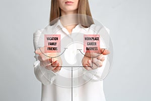 Work-life balance. Woman demonstrating illustration of scales with words on light background, closeup