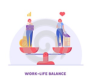 Work Life Balance Concept. Women Choosing between Career or Family on the Sale. Choose between Business and Relationship, Money or