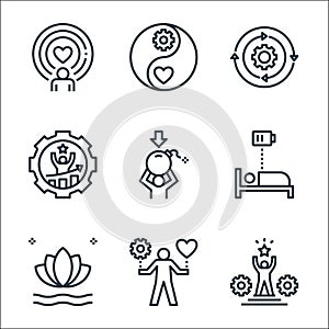 Work life balance line icons. linear set. quality vector line set such as success, work life, harmony, rest, stress, performance,