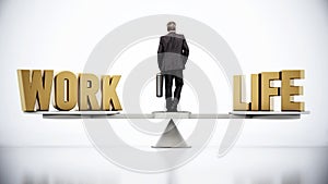Work and life balance scale with businessman at the center. 3D illustration