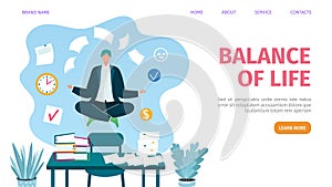 Work and life balance web landing page, vector illustration. Businessman balancing with documents in office, relax