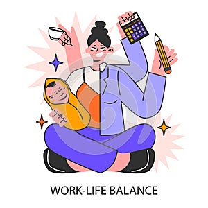 Work-life balance. Woman balancing work and life. Girl with child
