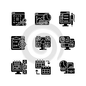 Work monitoring tools black glyph icons set on white space