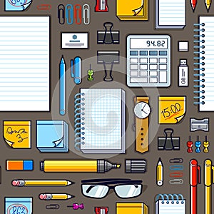 Work office desk top view with a lot of different stationery elements seamless vector wallpaper, business job theme image with