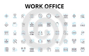 Work office linear icons set. Productivity, Organization, Collaboration, Efficiency, Innovation, Meetings, Deadline