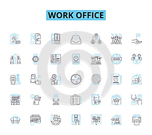 Work office linear icons set. Productivity, Organization, Collaboration, Efficiency, Innovation, Meetings, Deadline line