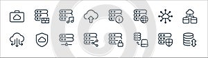 Work office server line icons. linear set. quality vector line set such as data transfer, storage device, share, connected,
