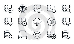 work office server line icons. linear set. quality vector line set such as downloading data, connection, data transfer, file