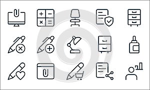 work office supply line icons. linear set. quality vector line set such as admin, e commerce, favorite, share, web browser, delete