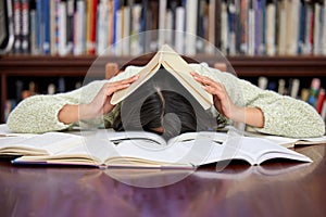 Work while others are loafing. a young female studying in a college library and looking stressed.