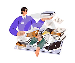 Work overload, paperwork concept. Employee in pile of business papers, documents clutter at desk. Tired worker under