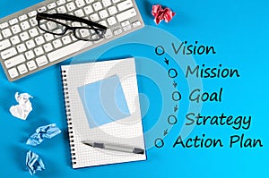 Work place with business process concept - vision - mission - goal - strategy - action plan. On blue background