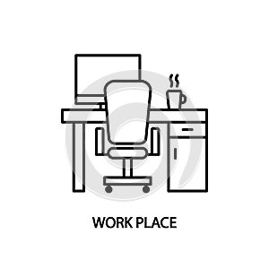 Work place line icon. Desk with computer and a cup of coffee. Concept for web banners and printed materials