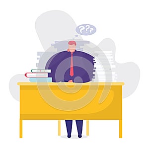 Work problems concept vector illustration, cartoon flat businessman sitting at table, thinking over job task isolated on