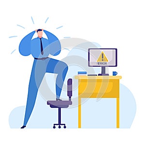 Work problems vector illustration, cartoon flat businessman in stress, office manager character is upset, bad job