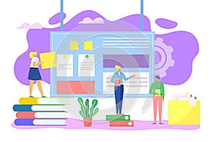Work proccess, business technology concept vector illustration, working place. Success in job office, workers with books photo