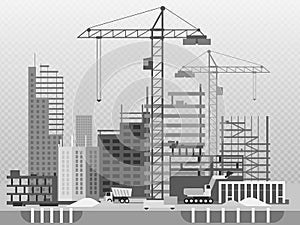 Work process of buildings construction and machinery isolated on transparent background